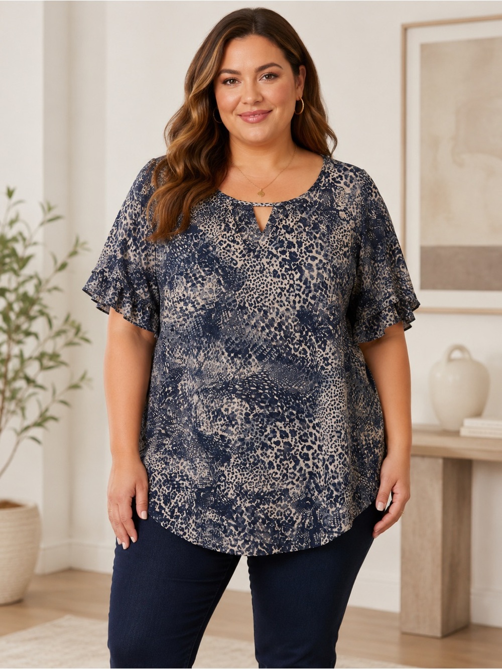 torrid Navy and Beige Animal Print Keyhole Flutter Sleeve Blouse
